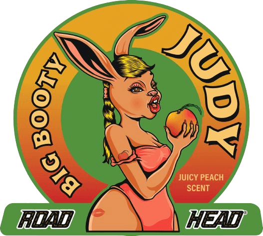 Vintage-style sticker featuring a cartoon rabbit holding a peach, labeled Judy and Big Booty.