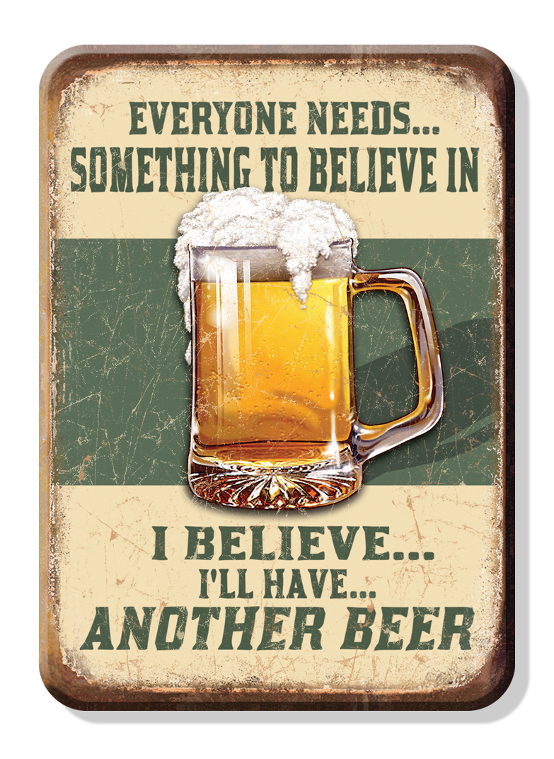 Vintage beer mug tin sign with humorous text.