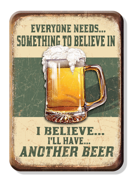 Vintage beer mug tin sign with humorous text.