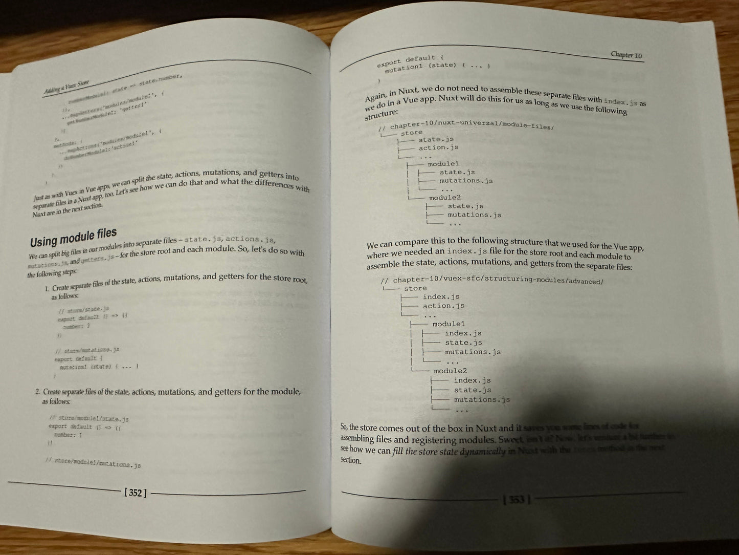 Open book displaying code and file structure for Vue.js and Nuxt.js development.