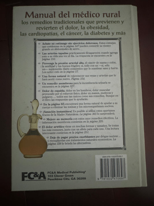 Back cover of Manual del mdico rural with traditional remedies and a jug illustration.