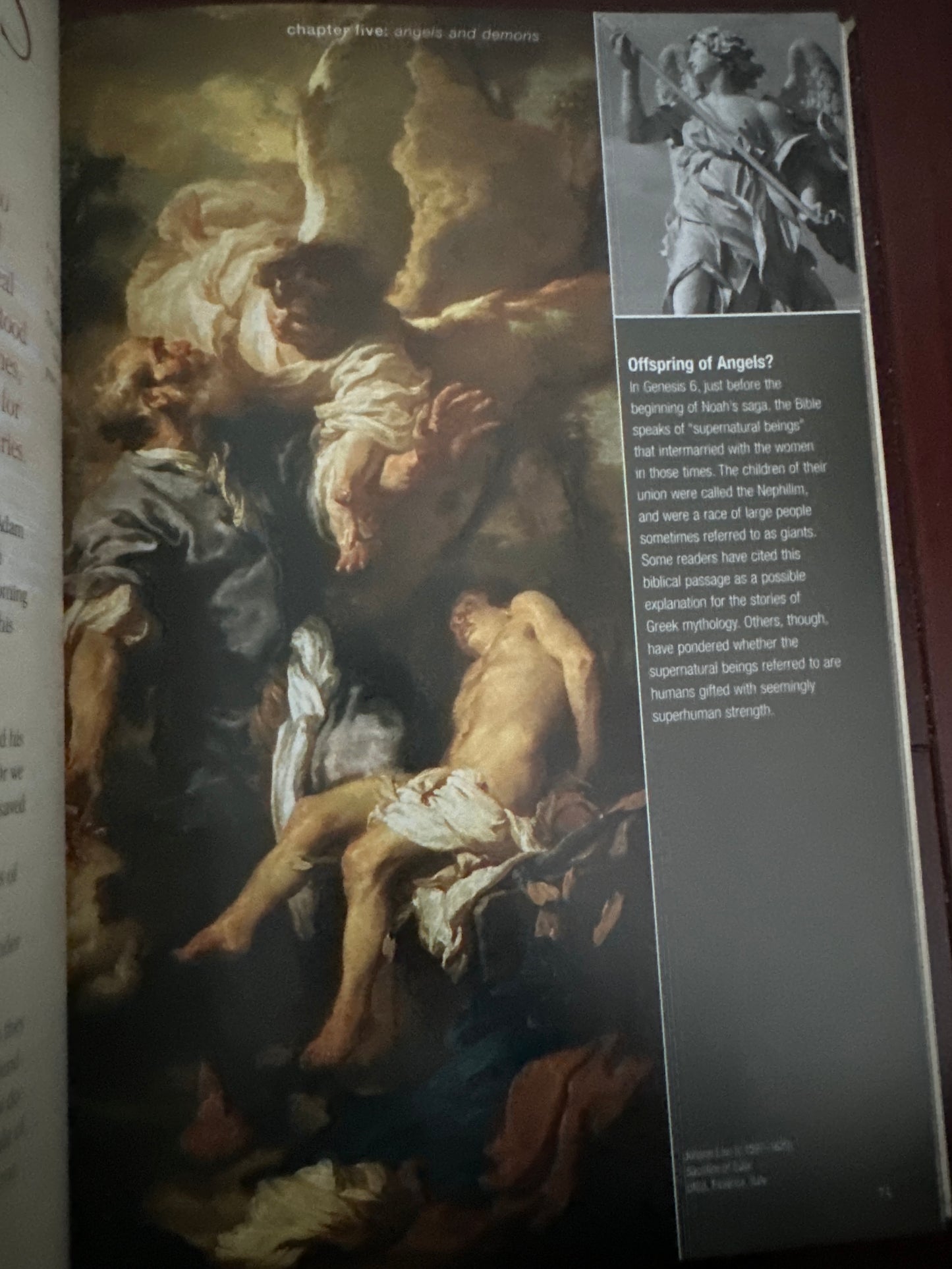 Classical painting depicting angels and a human figure in dramatic, ethereal setting.