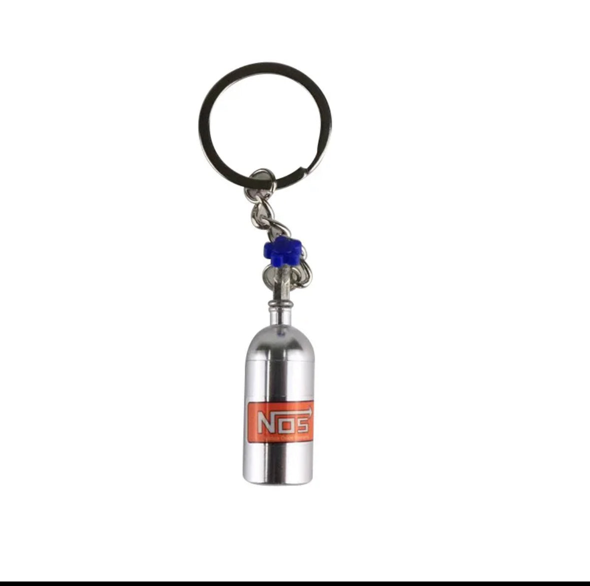 Silver NOS nitrous oxide bottle keychain with blue cap.