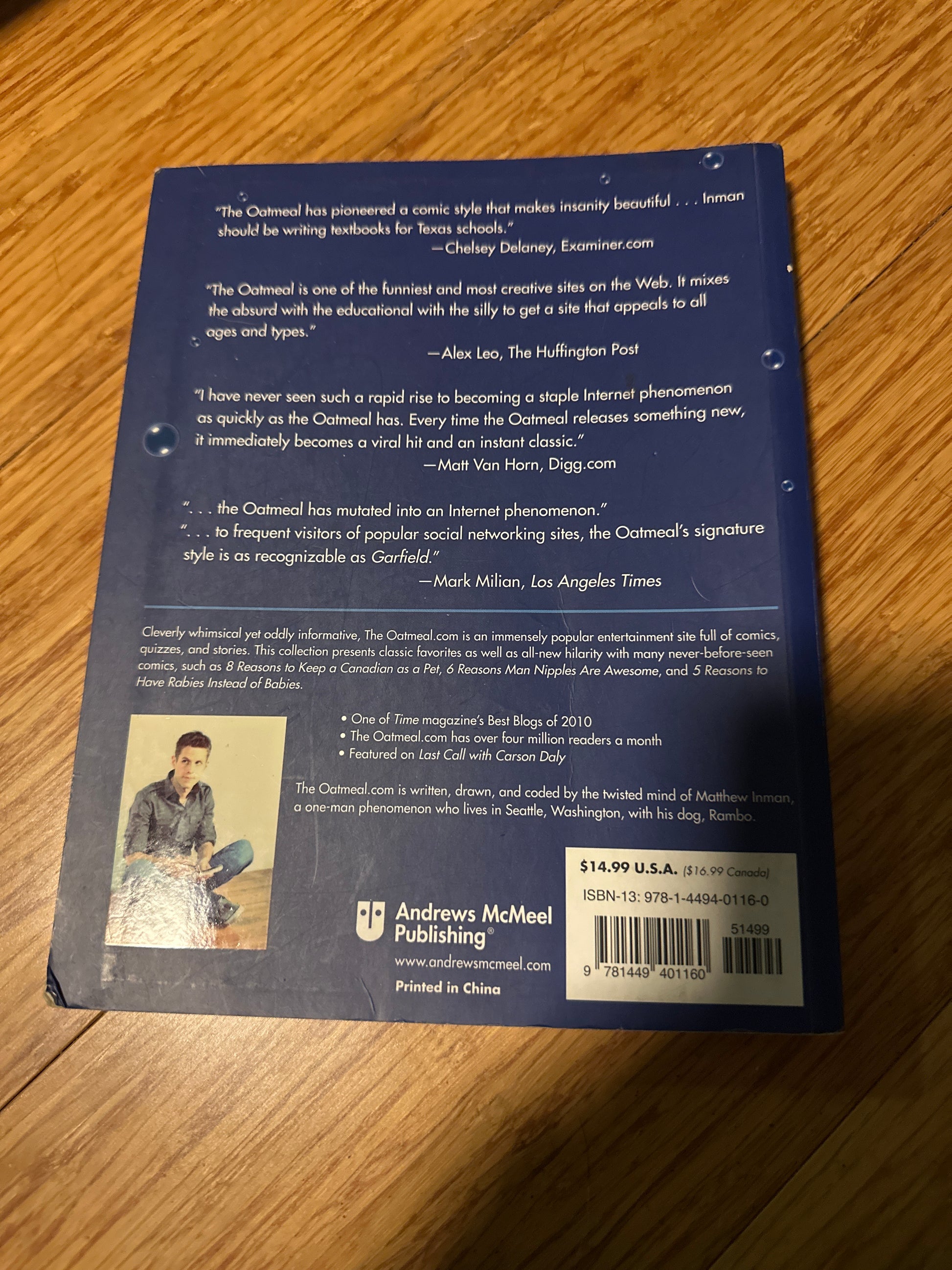 Back cover of The Oatmeal book with author photo and reviews.