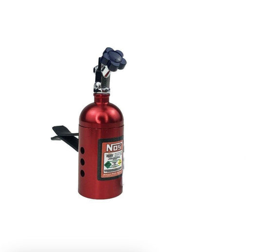 Red NOS nitrous oxide tank with black clamp and nozzle.