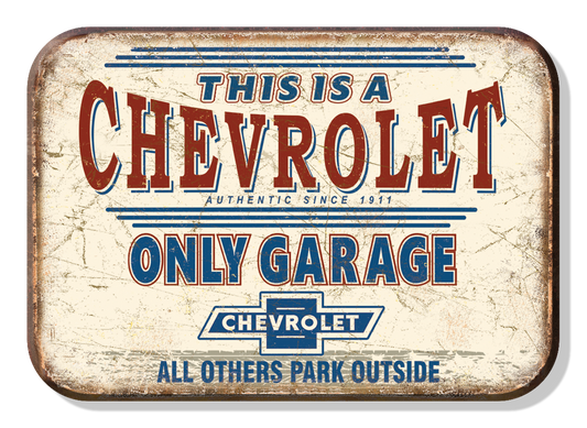 Vintage Chevrolet garage sign with distressed look.