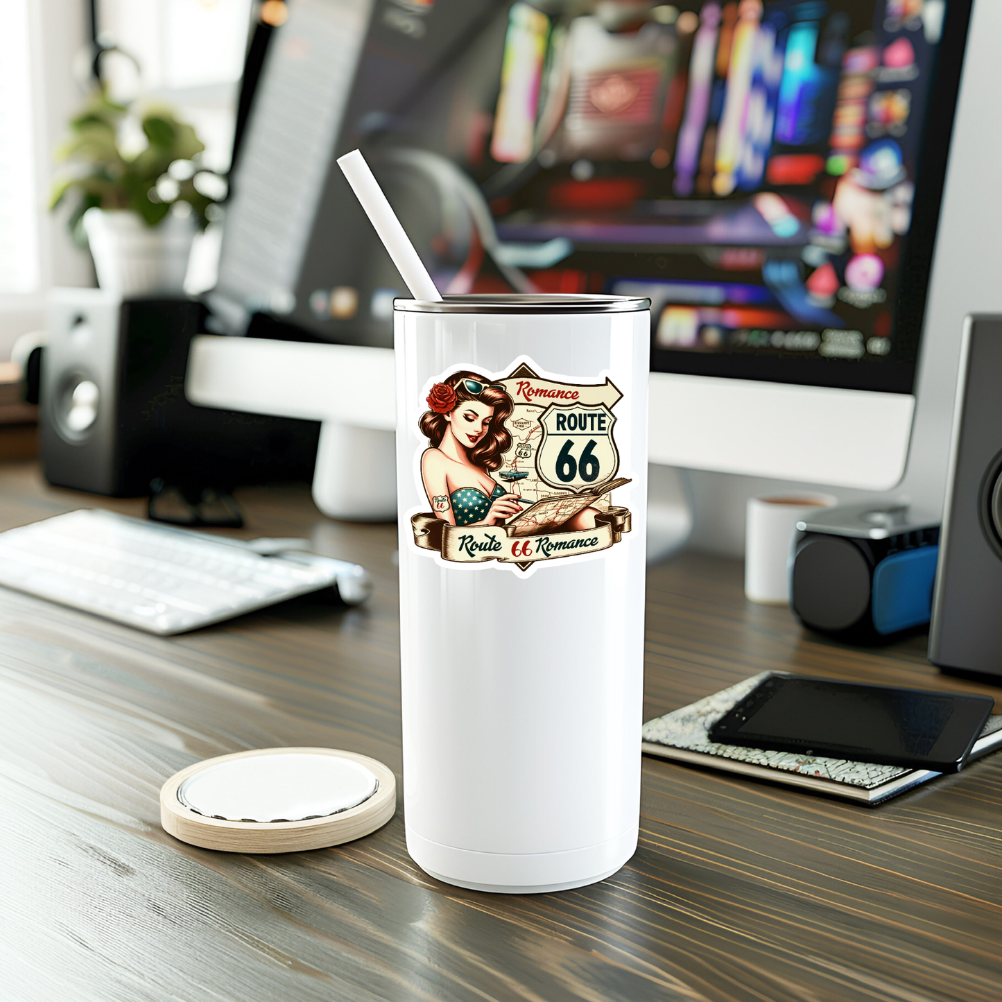 White tumbler with Route 66 sticker on desk near computer.