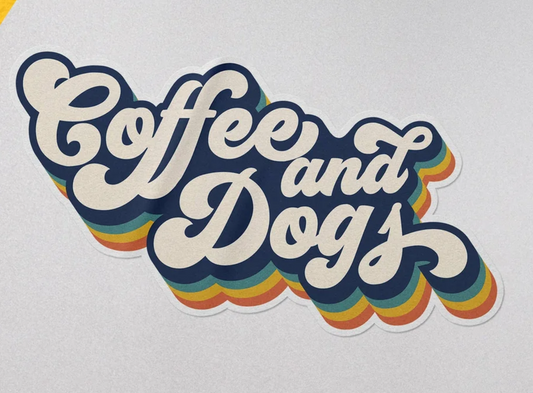 Vintage-style Coffee and Dogs sticker with colorful rainbow accents.