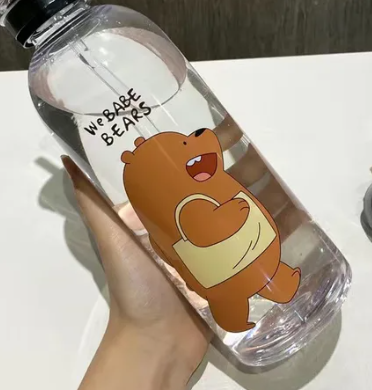 Transparent water bottle with We Bare Bears text and cartoon bear holding heart.