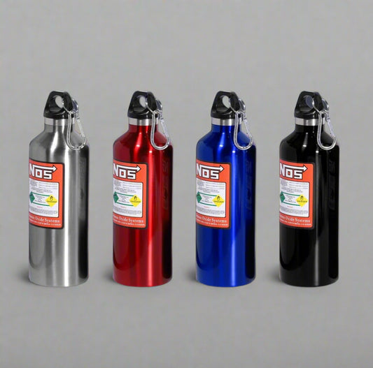 Four NOS-branded aluminum bottles in silver, red, blue, and black with carabiners.