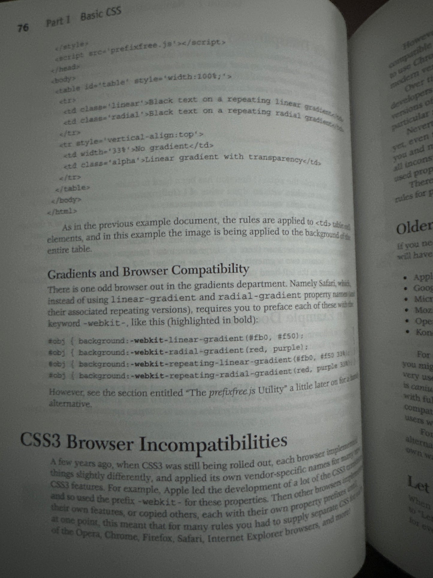 Open book page displaying CSS3 browser compatibility and gradients.