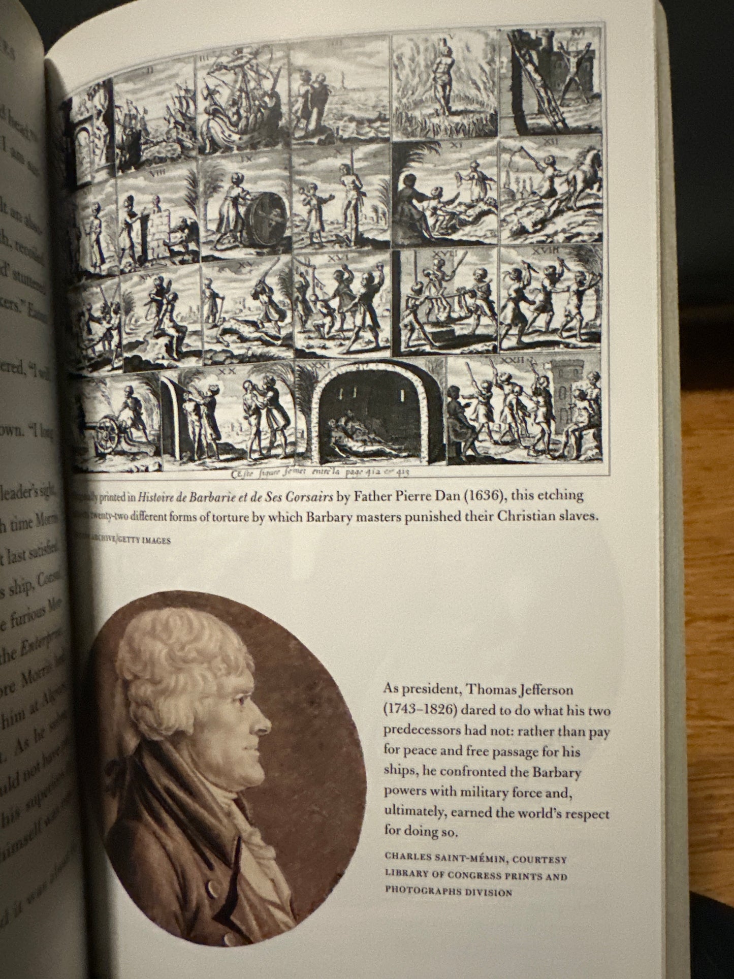 Historical book page with etching of 22 torture scenes and portrait of Thomas Jefferson.