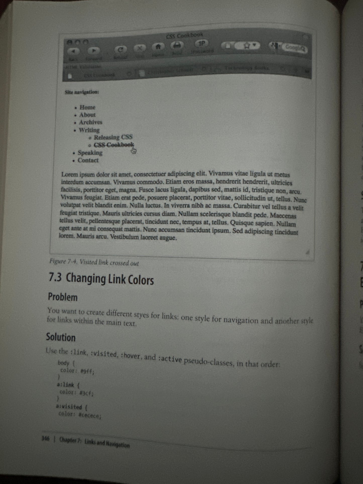 Book page showing CSS Cookbook chapter on link colors and navigation.