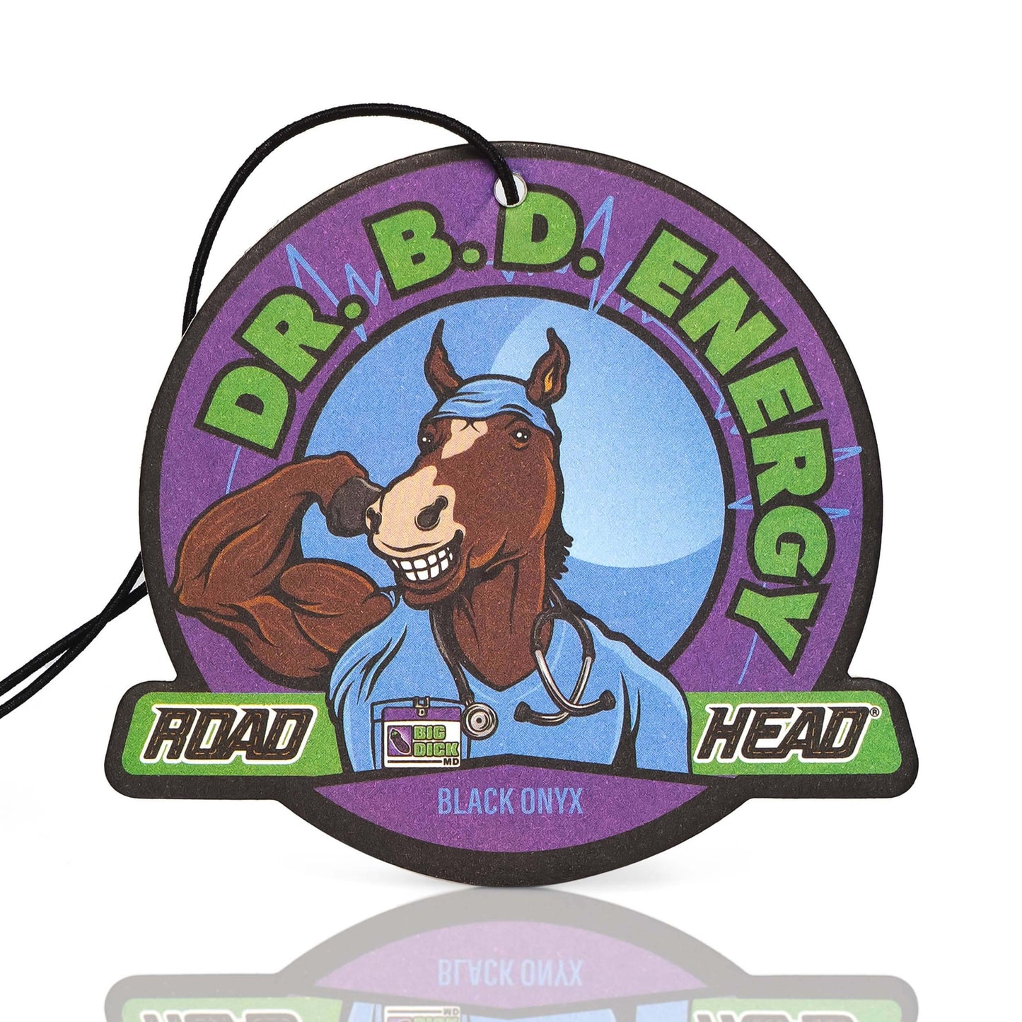 Circular air freshener with a cartoon horse labeled Dr. B.D. Energy and Road Head Black Onyx.