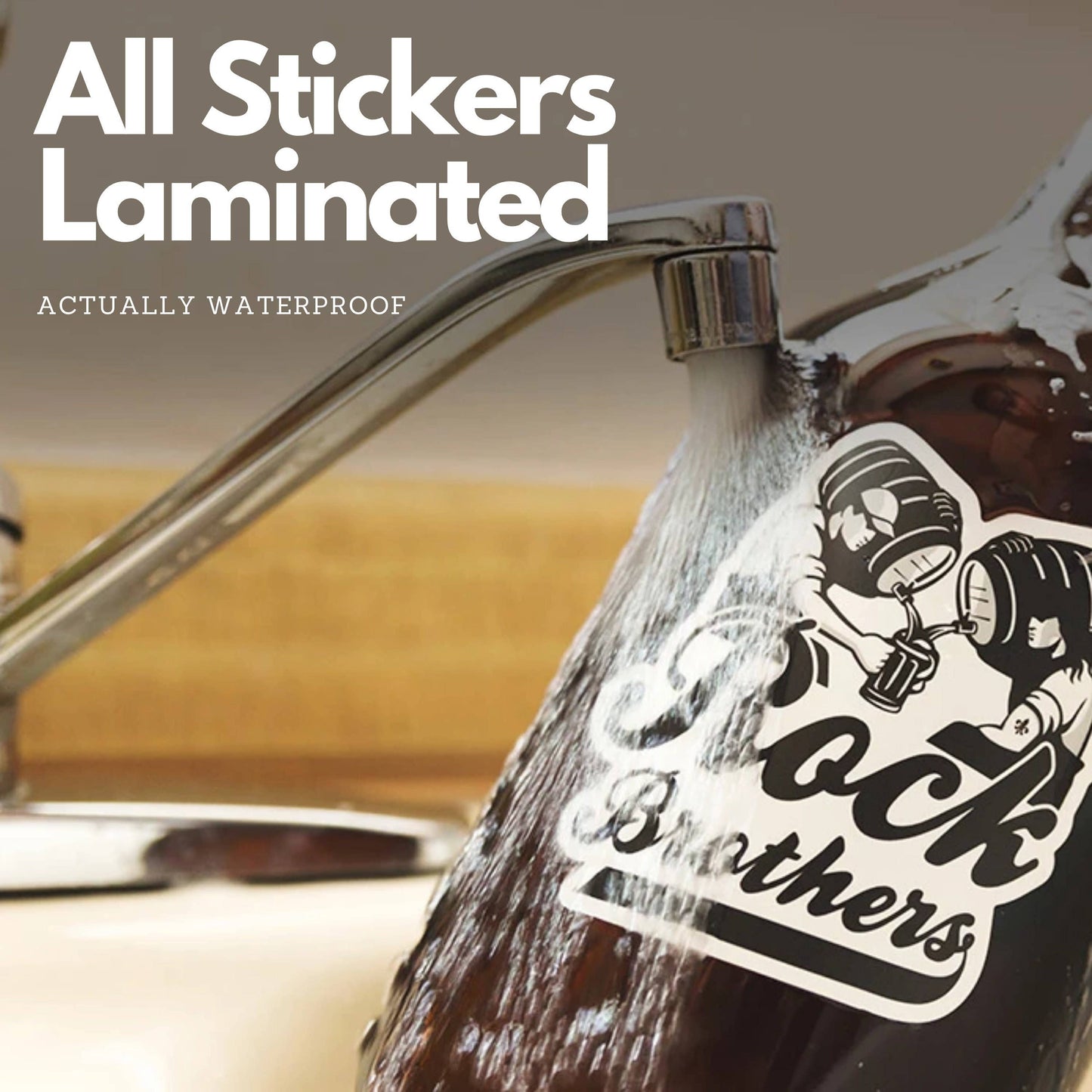 Waterproof Rock Brothers sticker on bottle under running faucet.