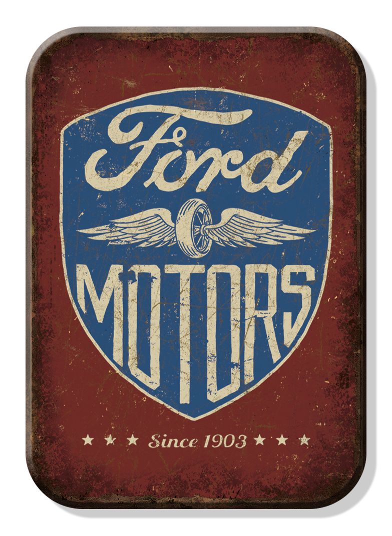 Vintage Ford Motors logo sign with shield and wings design.