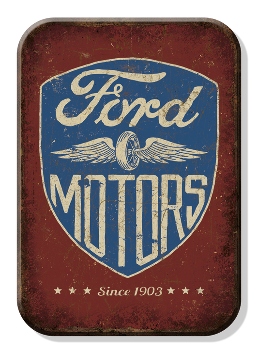 Vintage Ford Motors logo sign with shield and wings design.