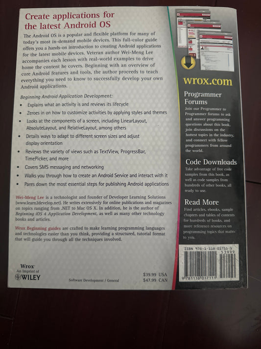 Back cover of Beginning Android Application Development book by Wiley.