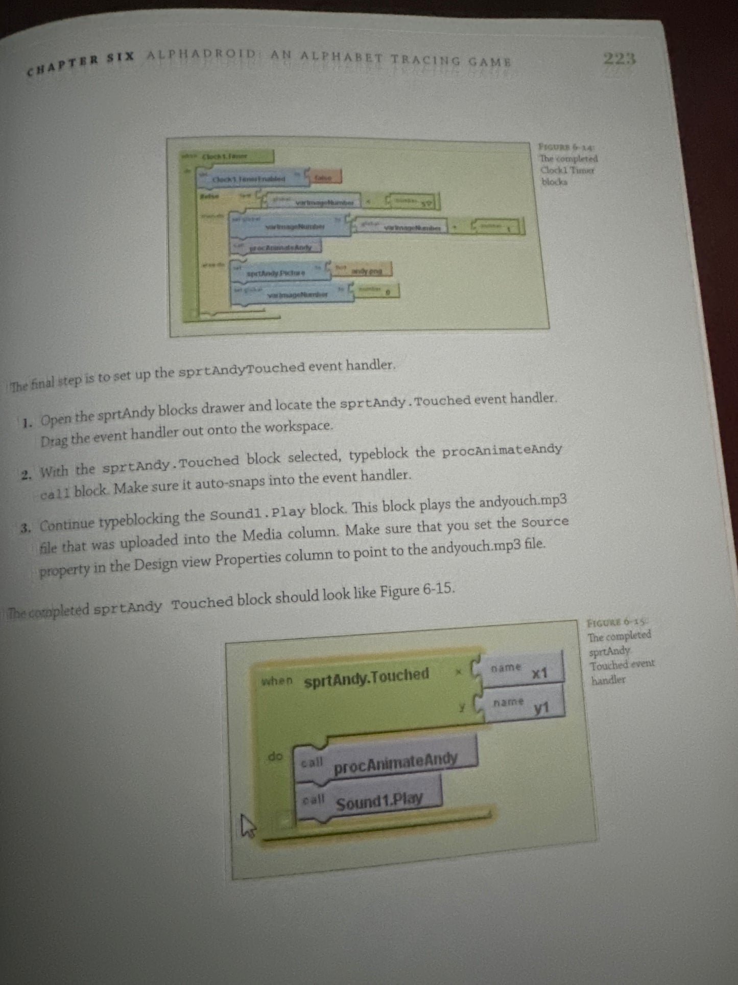 Book page showing programming blocks for a game.