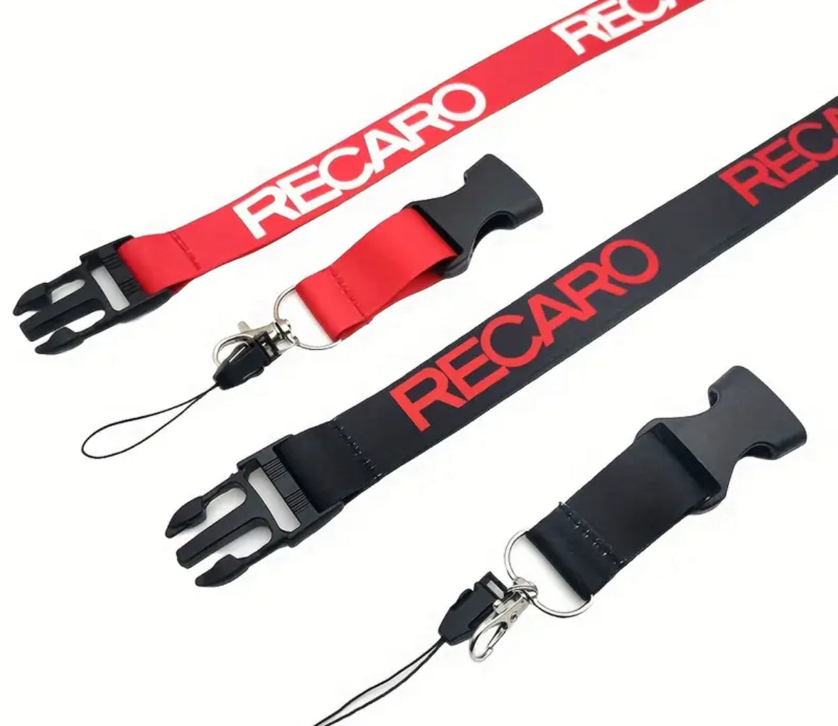 Red and black RECARO lanyards with buckles and keychains.