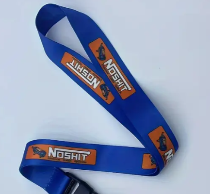 Blue lanyard with NOSHIT and motorcycle logo repeated on it.
