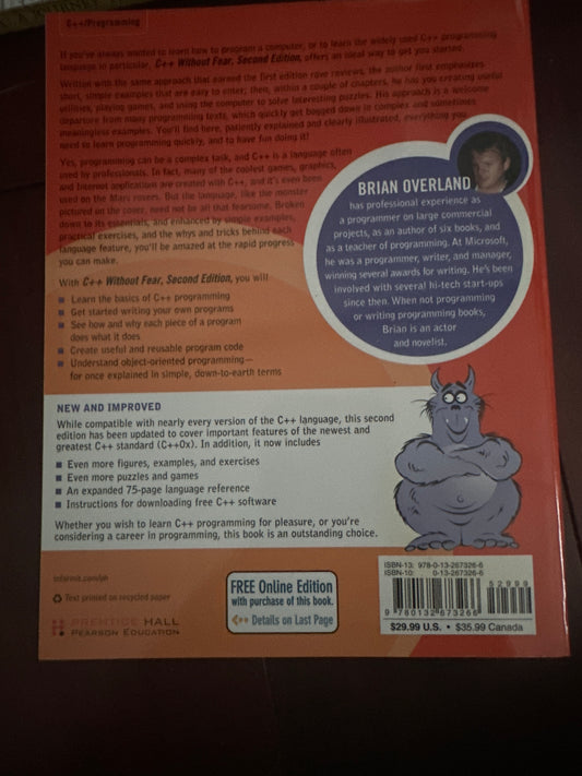 Back cover of C Without Fear, Second Edition book with cartoon monster illustration.