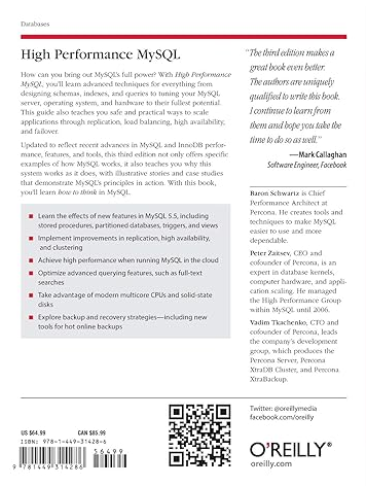 Back cover of High Performance MySQL book by OReilly Media.