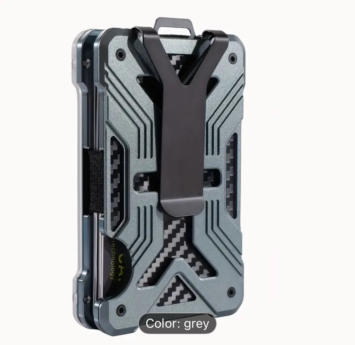 Grey metallic multi-tool with intricate design and carbon fiber accents.