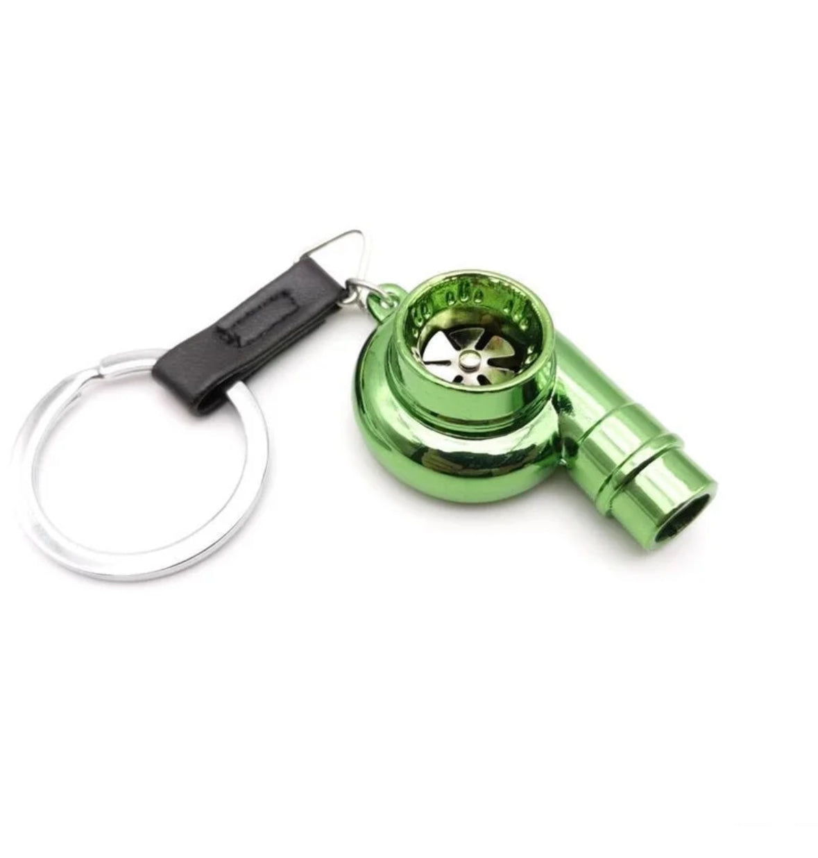 Green turbo keychain with metallic finish and black strap.