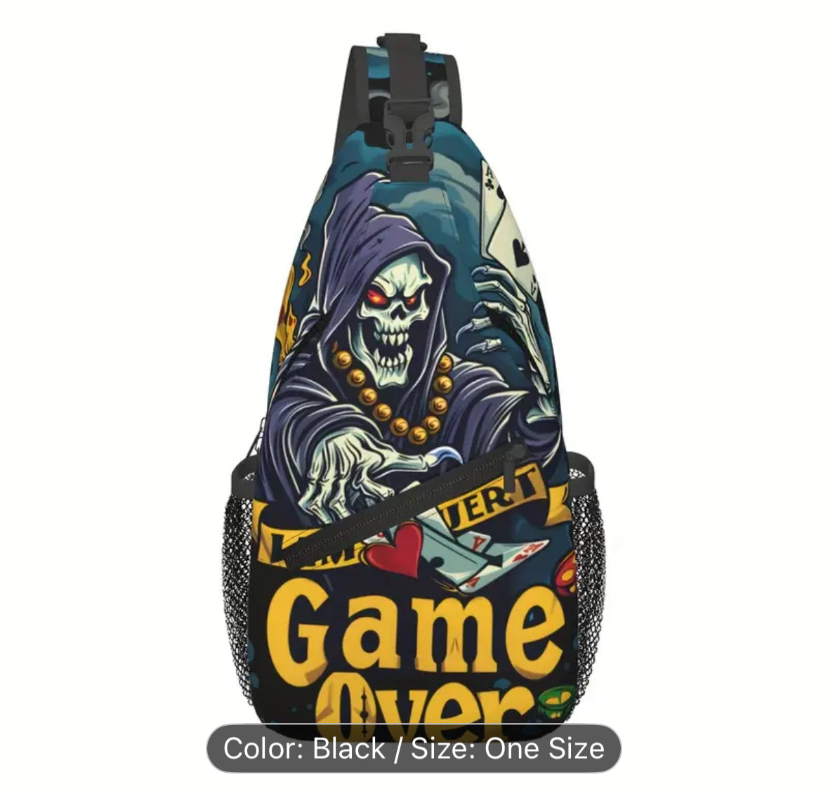 Sling bag with Grim Reaper and Game Over design, black background.
