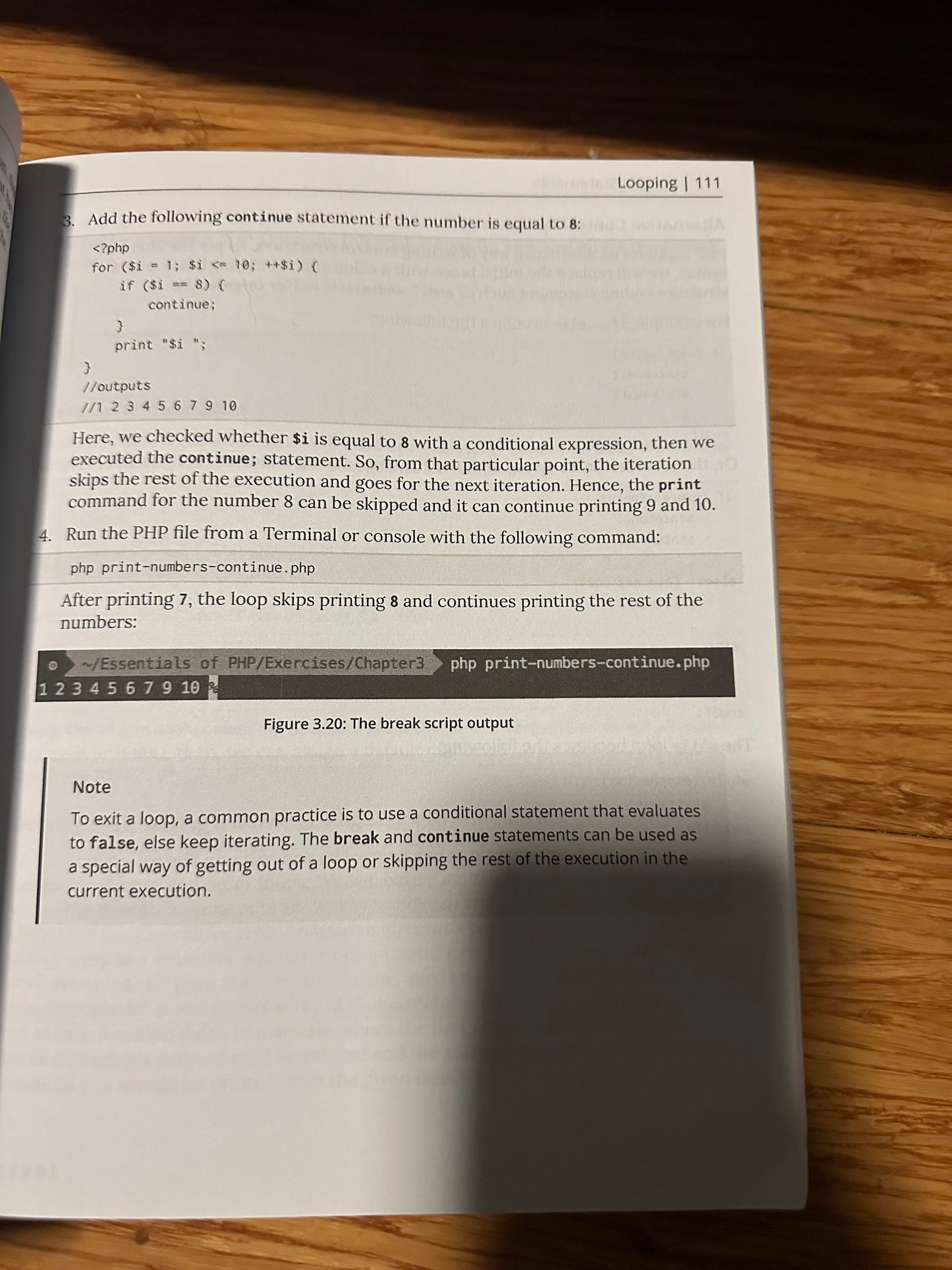 Open book page showing PHP code and terminal output on a wooden surface.