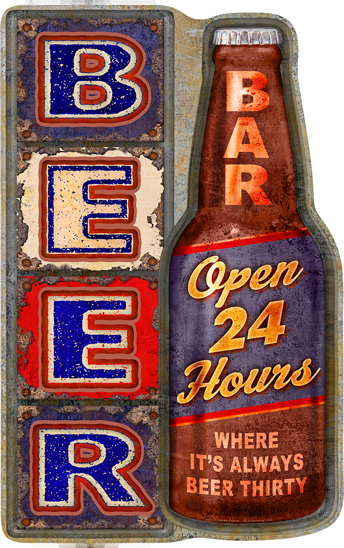 Vintage-style Beer Bar sign with bottle graphic and text.