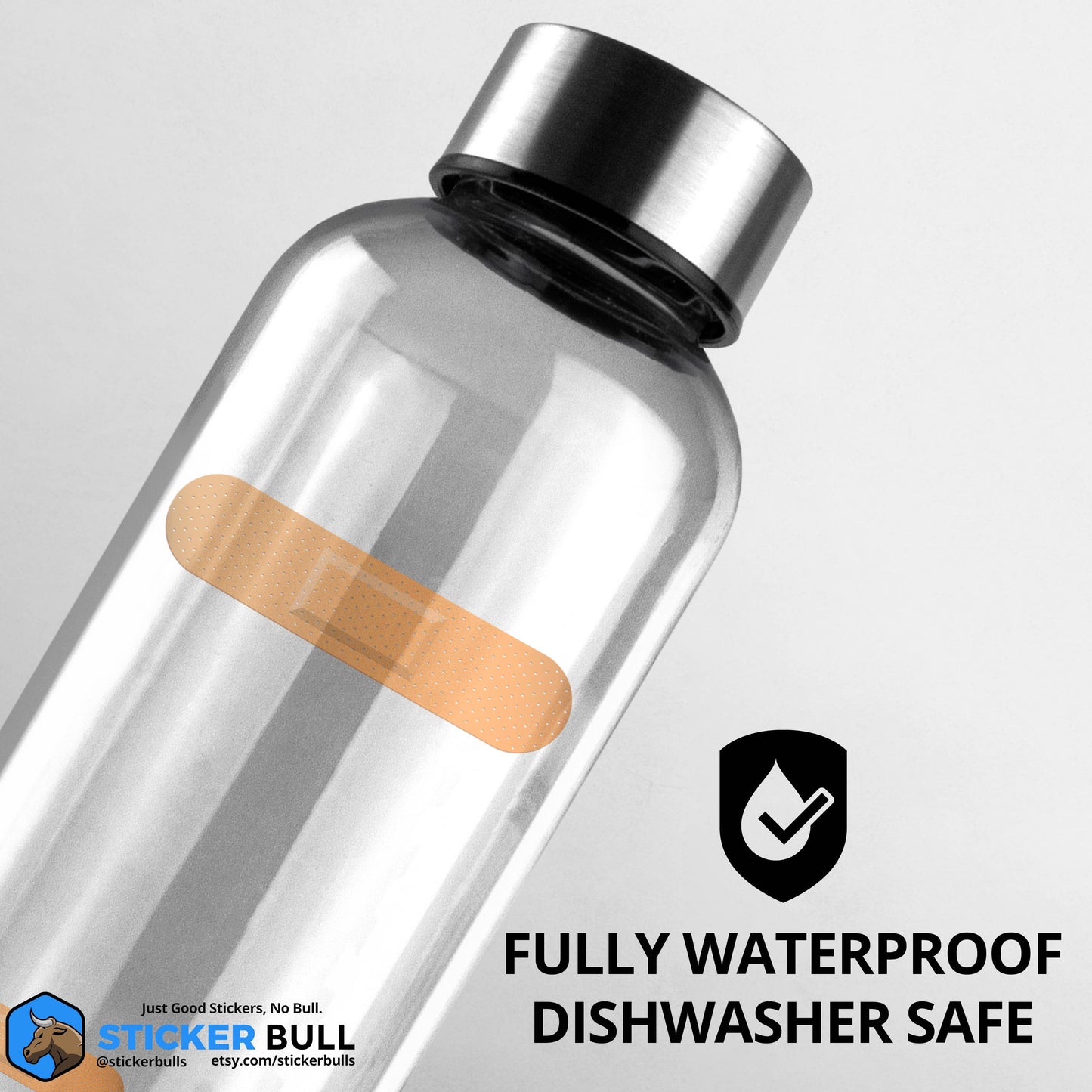 Clear water bottle with band-aid sticker, waterproof and dishwasher safe.