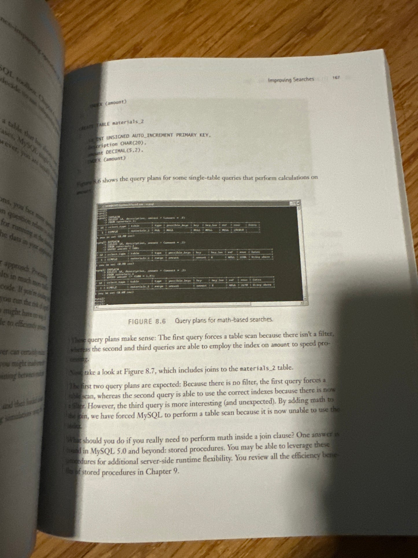 Open book page displaying SQL query plans and code examples.