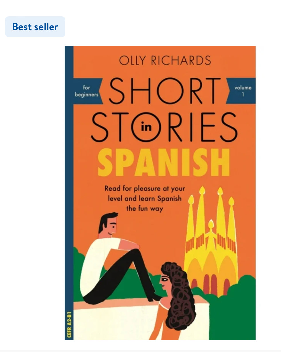 Book cover for Short Stories in Spanish by Olly Richards, featuring a couple and a cathedral.