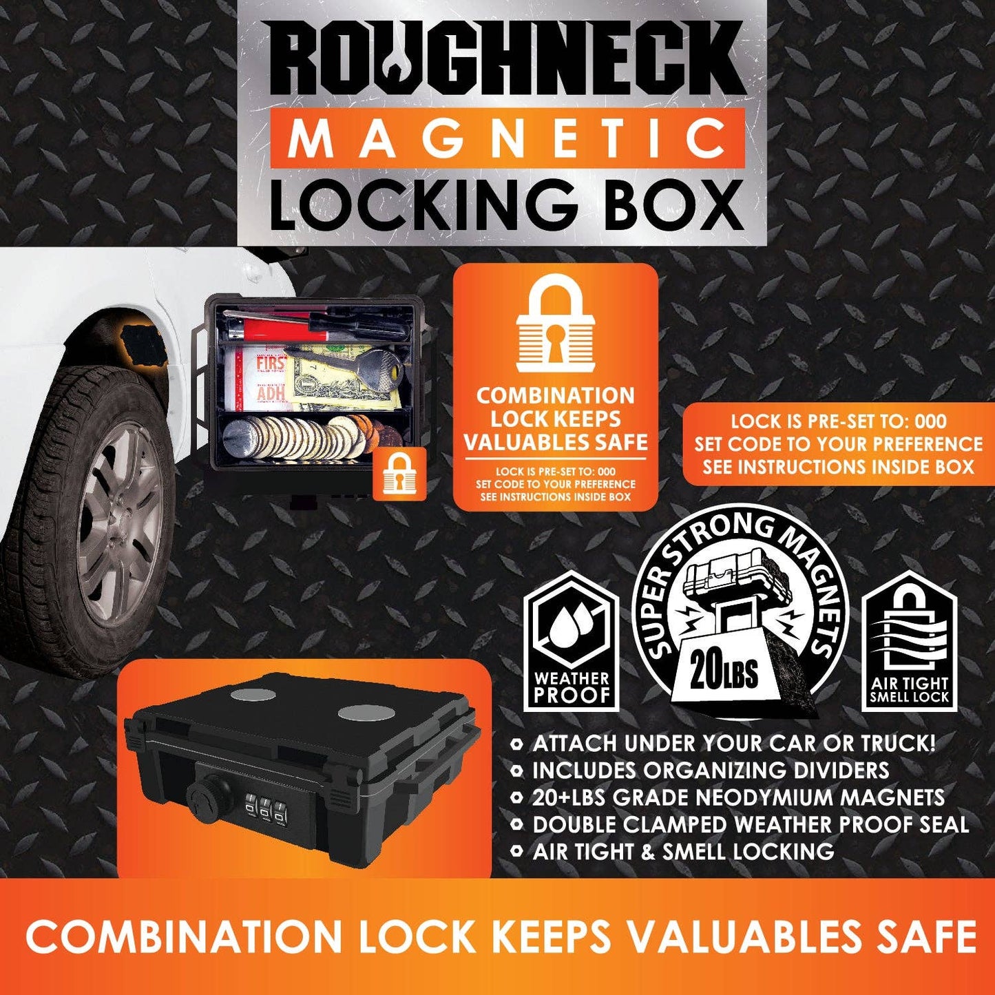 Roughneck Magnetic Locking Box with combination lock and strong magnets.