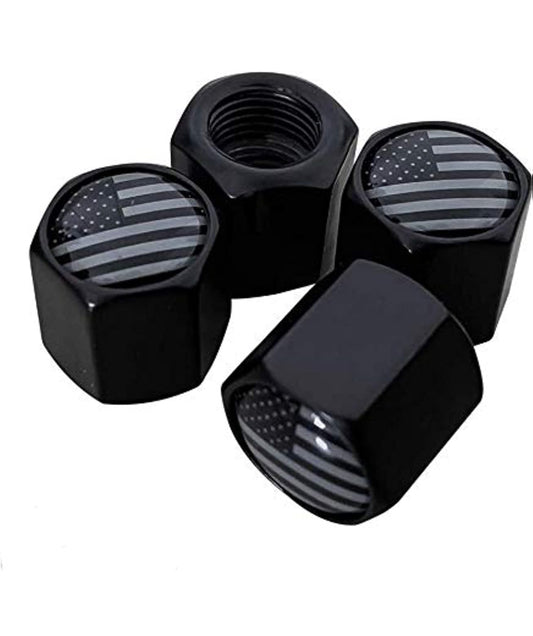 Black American flag-themed tire valve caps set of 4.