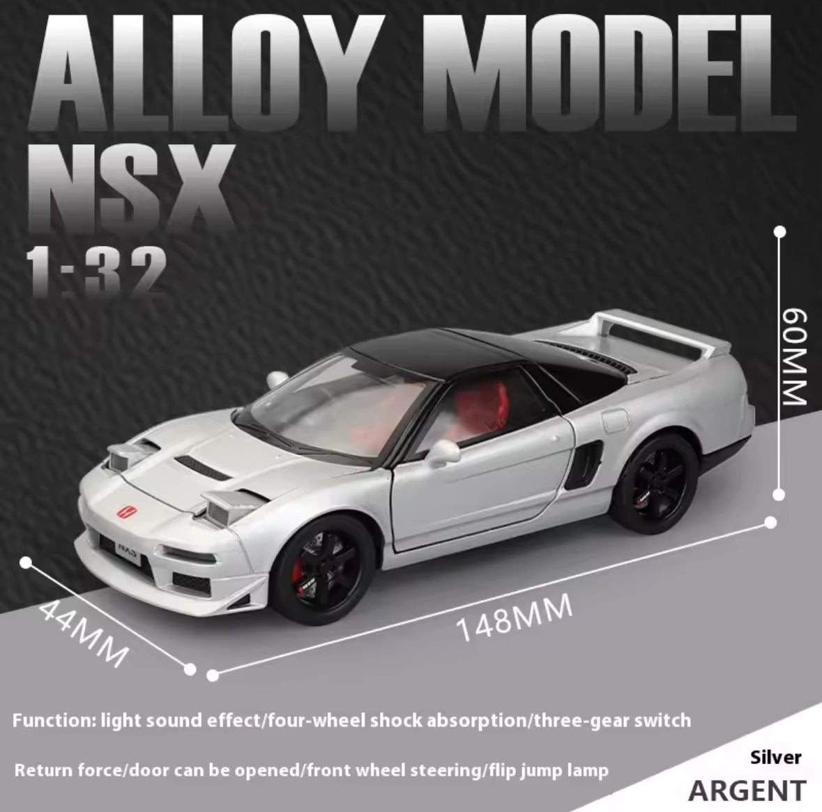 Silver 132 scale NSX alloy model car with dimensions.