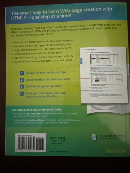 Back cover of HTML5 web page creation book with step-by-step guide and practice screenshots.