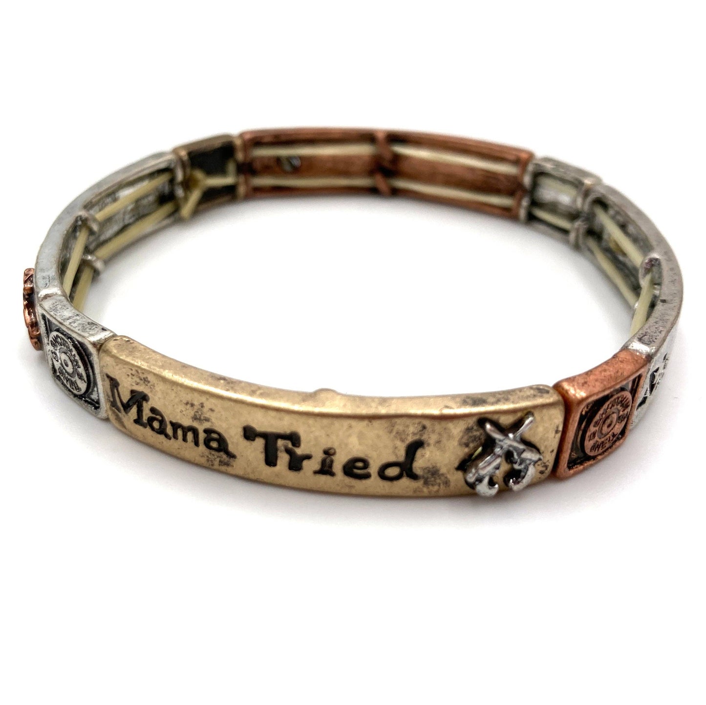Vintage Mama Tried bracelet with mixed metal design and cross charm.