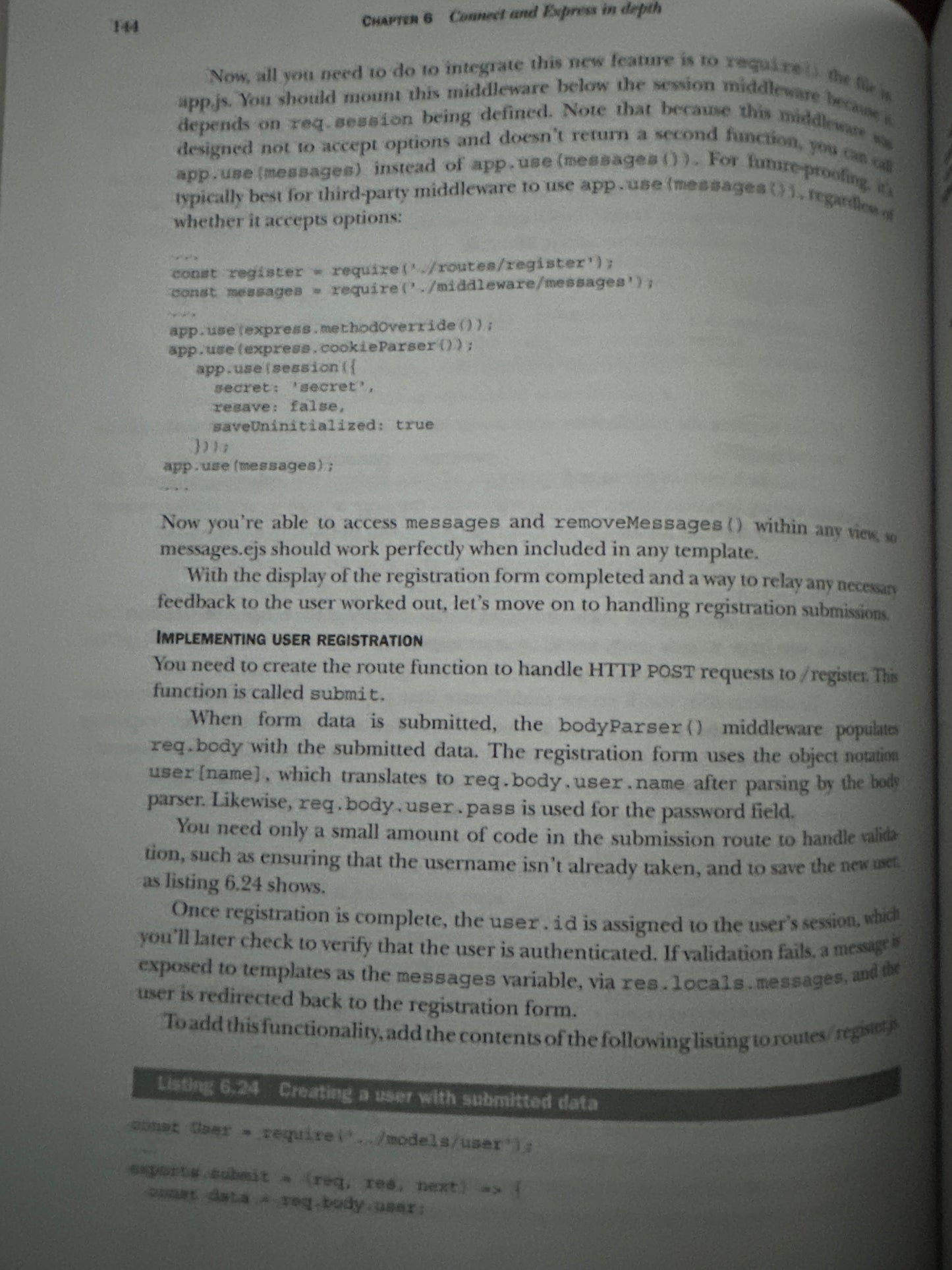 Code snippet from a programming book explaining user registration and middleware usage.