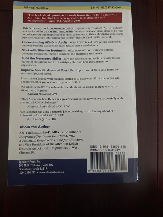 Back cover of More Attention, Less Deficit book on ADHD management for adults.