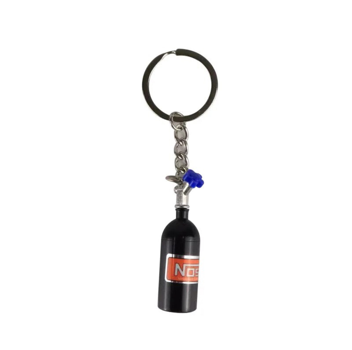 Black NOS nitrous oxide bottle keychain with blue cap.