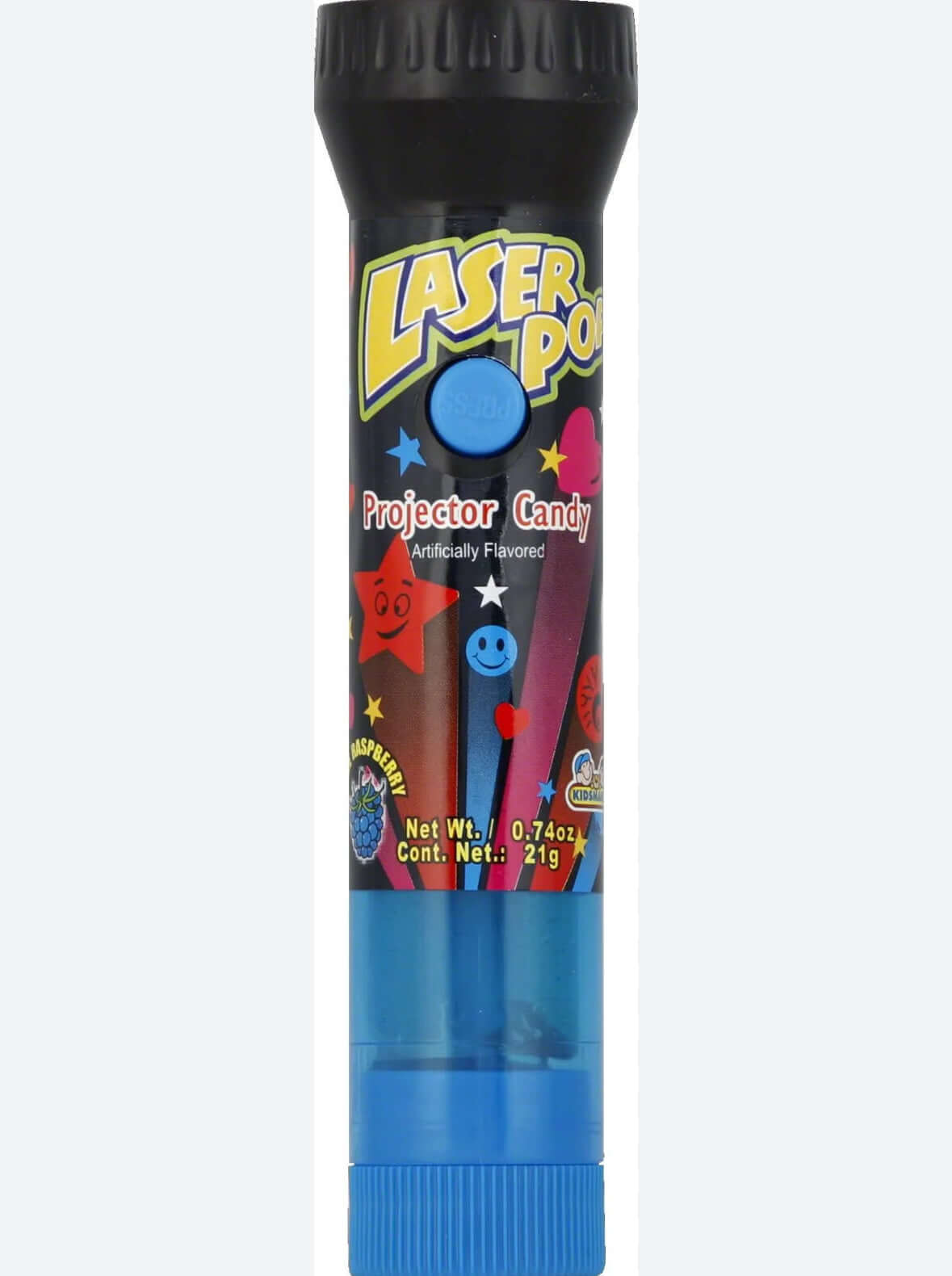 Laser Pop projector candy tube with colorful design and buttons.