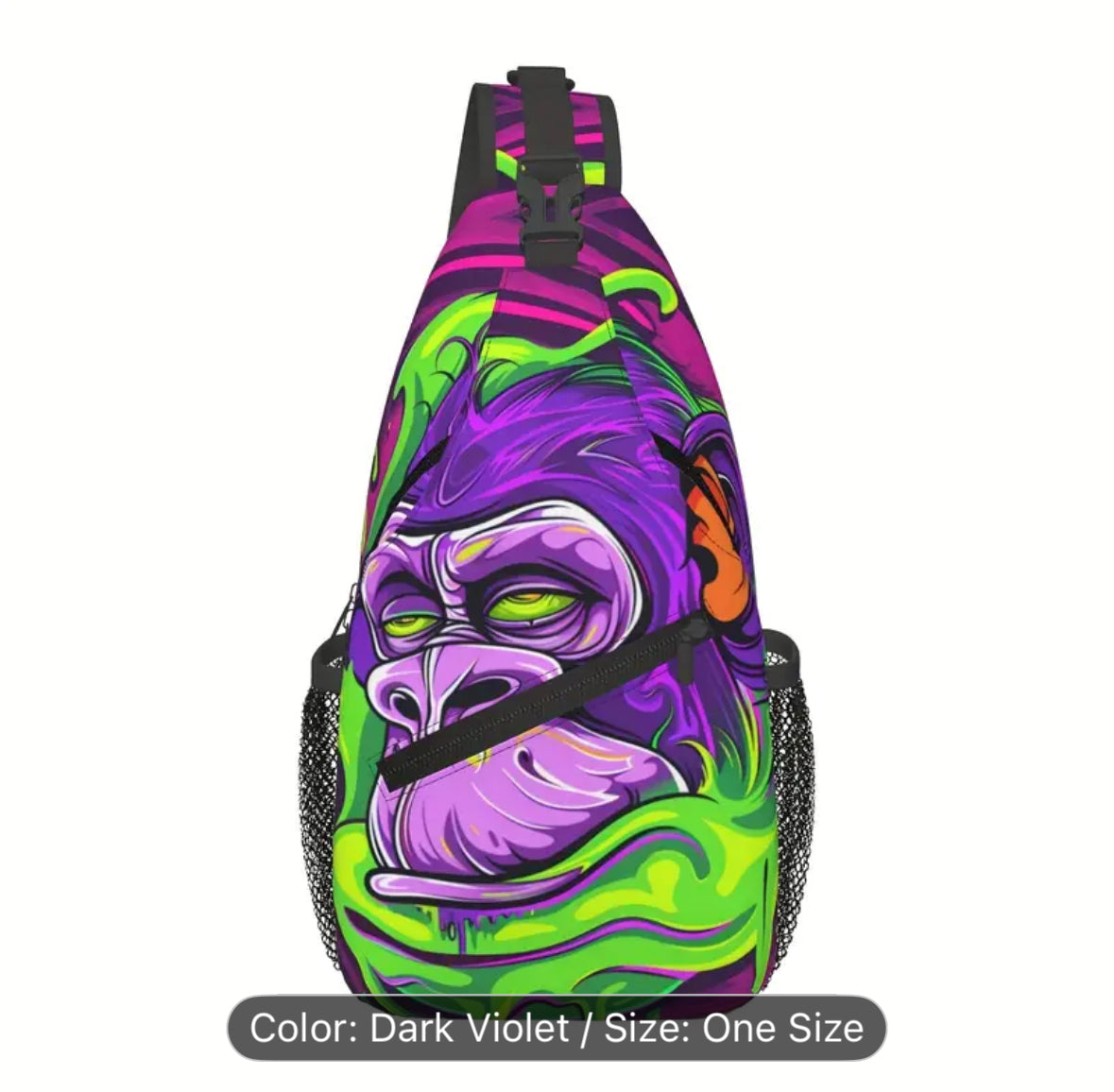 Colorful, dark violet gorilla face design on a crossbody bag.