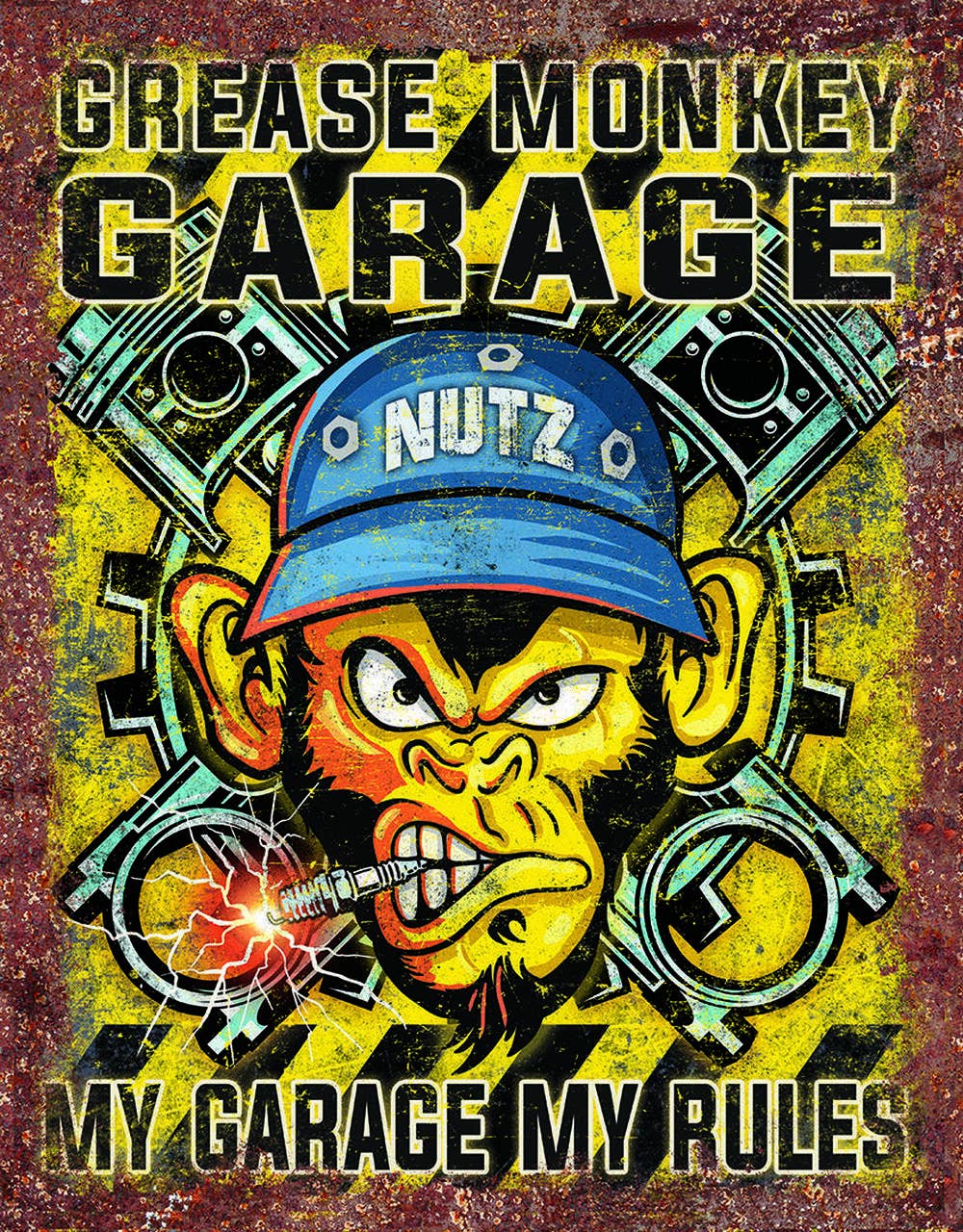Colorful Grease Monkey Garage poster featuring a monkey with a wrench and engine pistons.