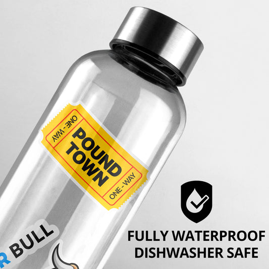 Clear water bottle with POUND TOWN label and stainless steel cap.