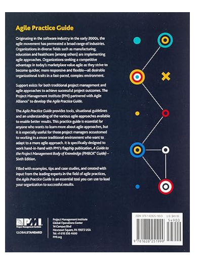 Back cover of Agile Practice Guide book with colorful circles and text details.