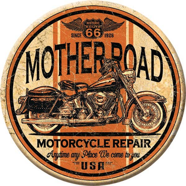 Vintage-style Mother Road motorcycle repair sign with Route 66 imagery.
