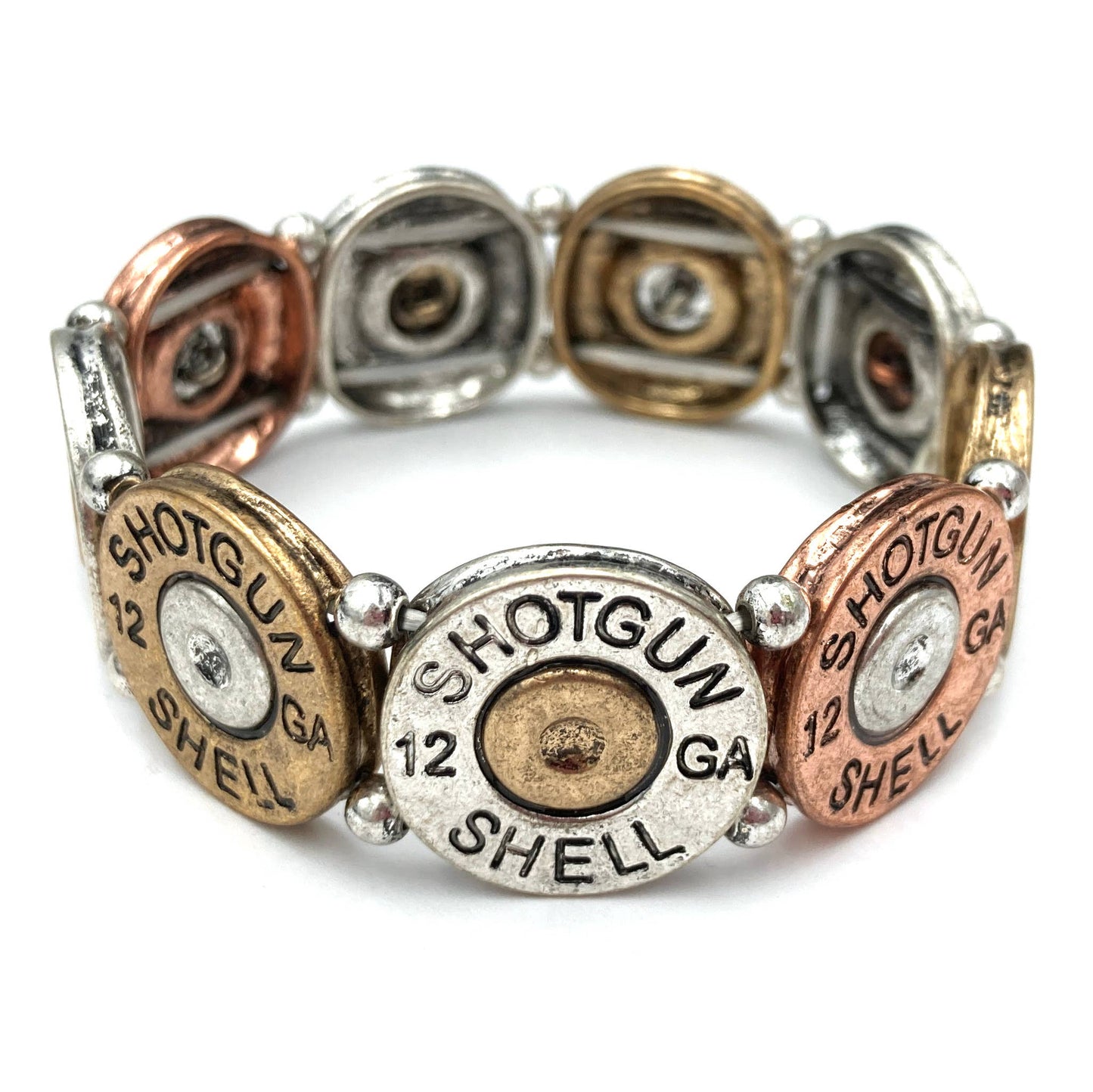 Silver and gold shotgun shell bracelet with Shotgun Shell text.